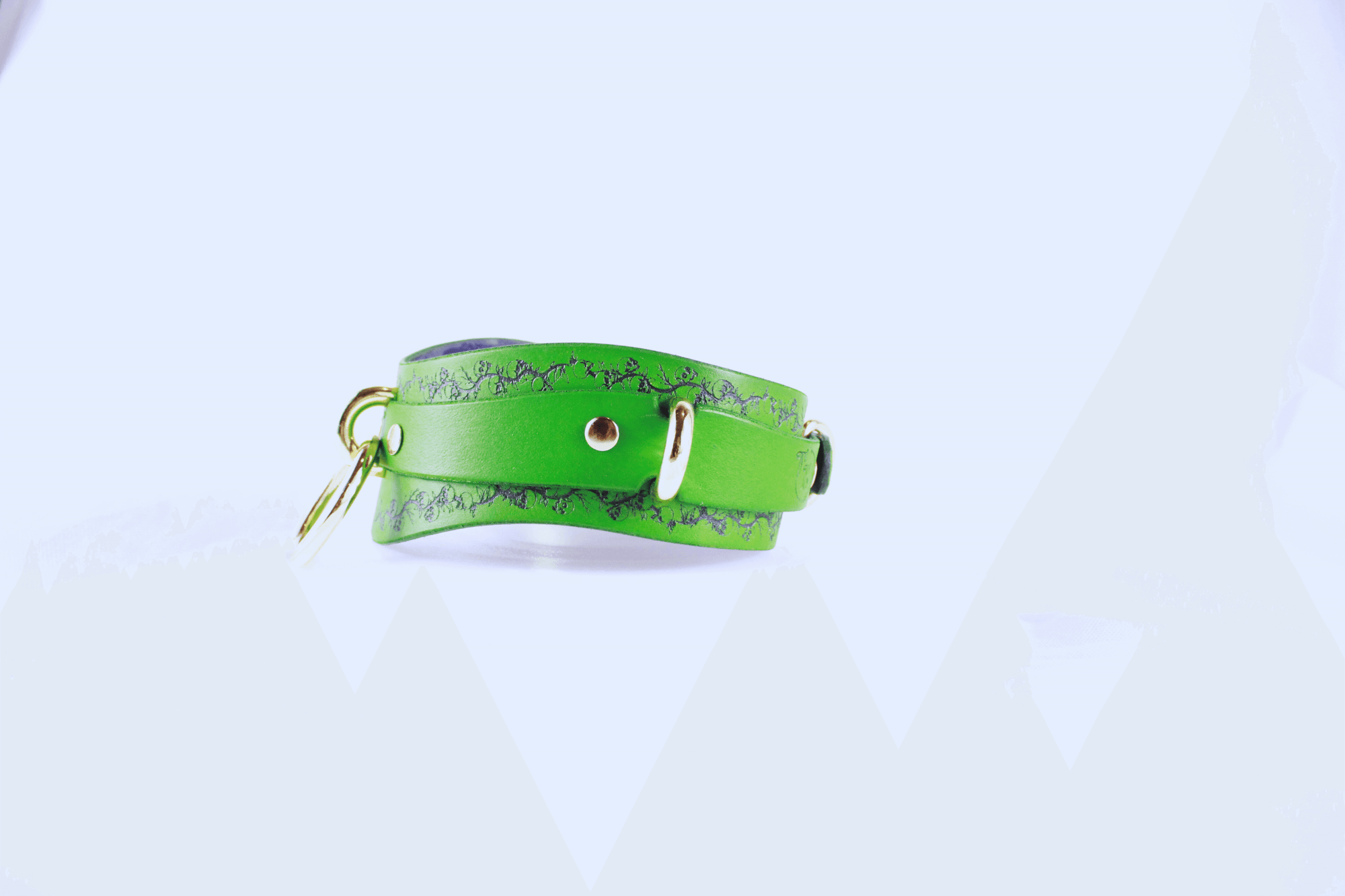 Skull Leather Choker in vibrant green with floral skull motif and gold accents.