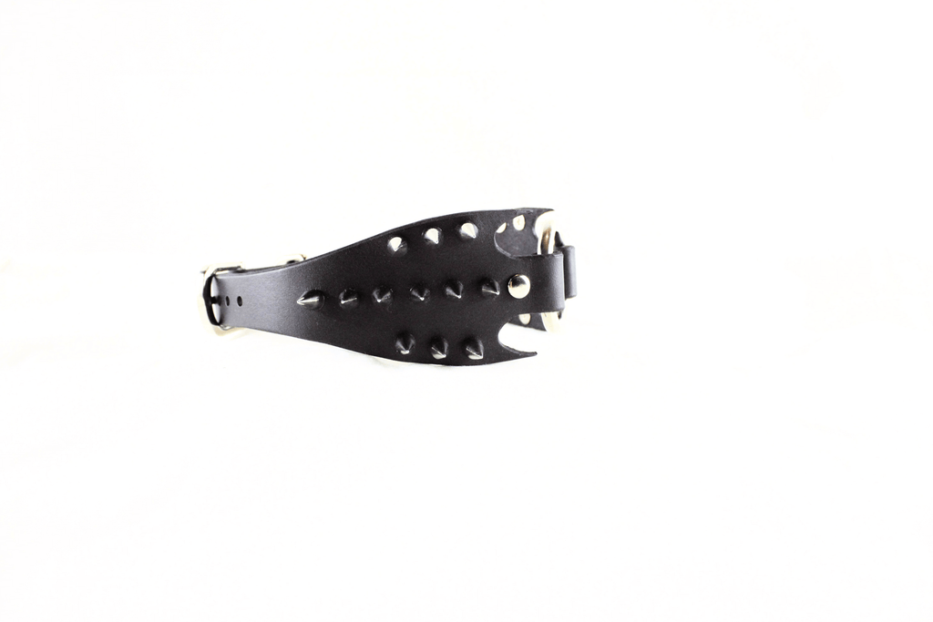 Predator Leather Submissive Collar – Spiked BDSM Posture Collar with fang-wing design in premium black leather.