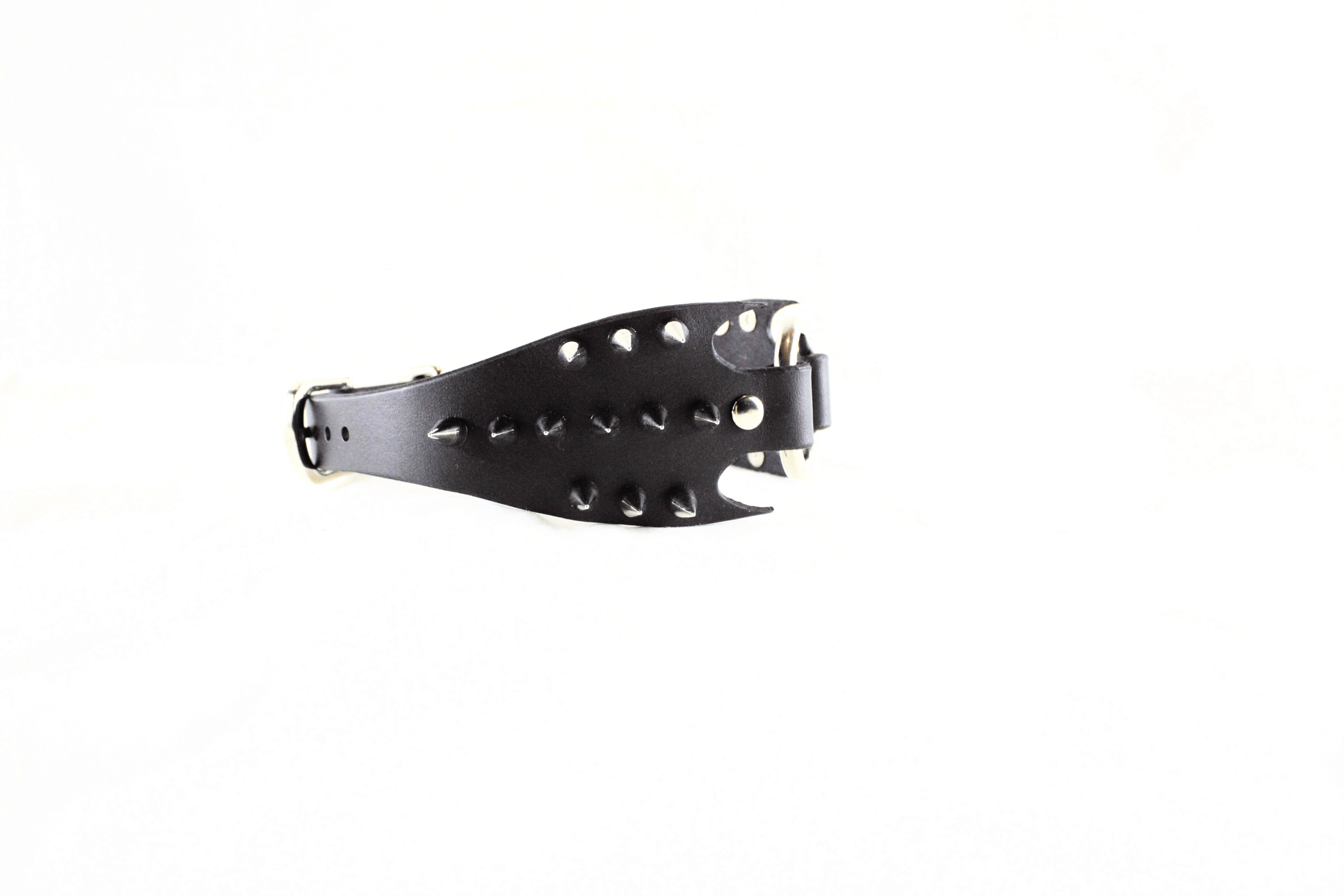Predator Leather Submissive Collar – Spiked BDSM Posture Collar with fang-wing design in premium black leather.