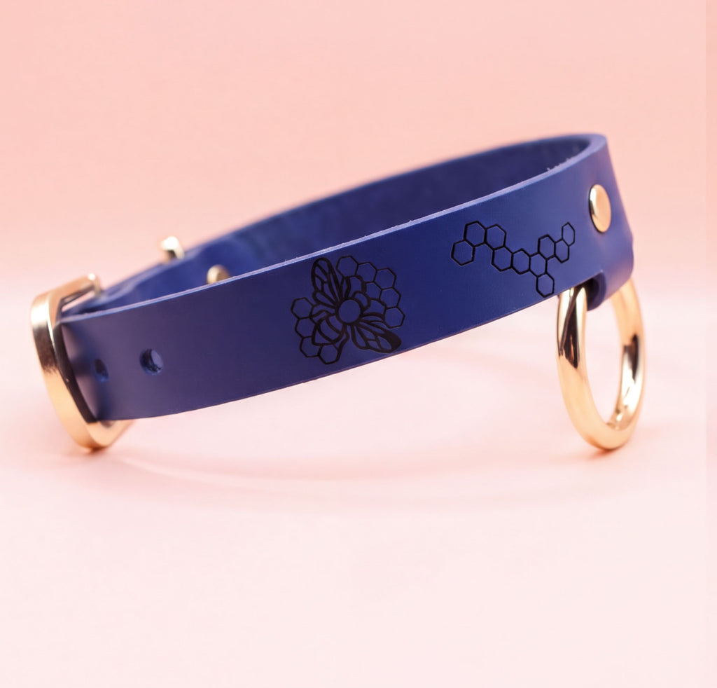 A blue leather dog collar with a floral design and two gold-colored metal rings.