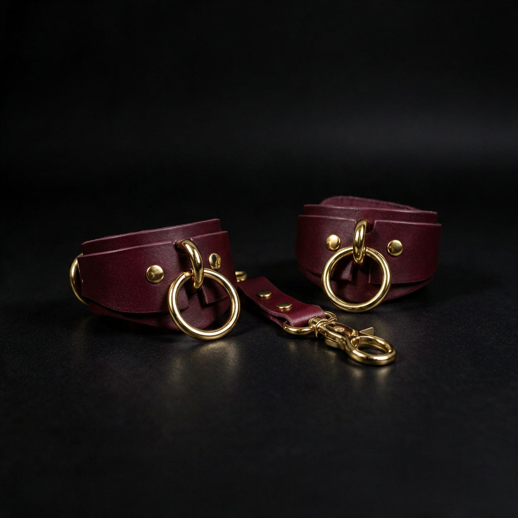 A pair of burgundy leather straps with gold-colored buckles and rings, arranged on a black background.