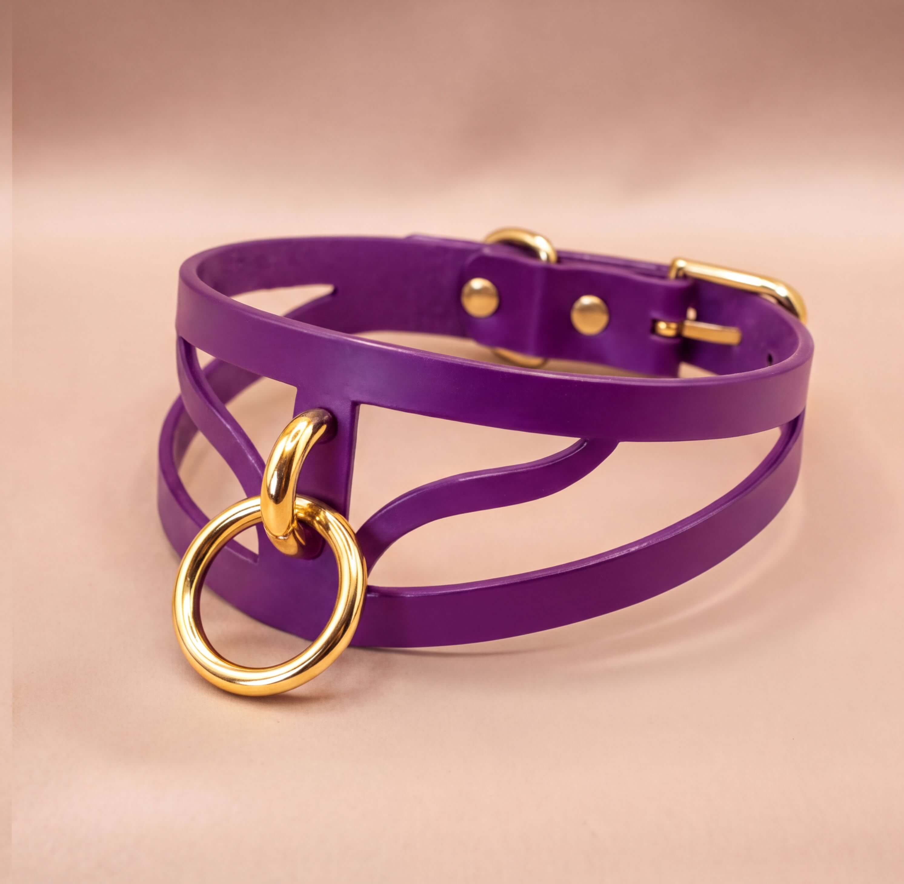 A purple leather choker necklace with a gold-colored metal ring and buckle.
