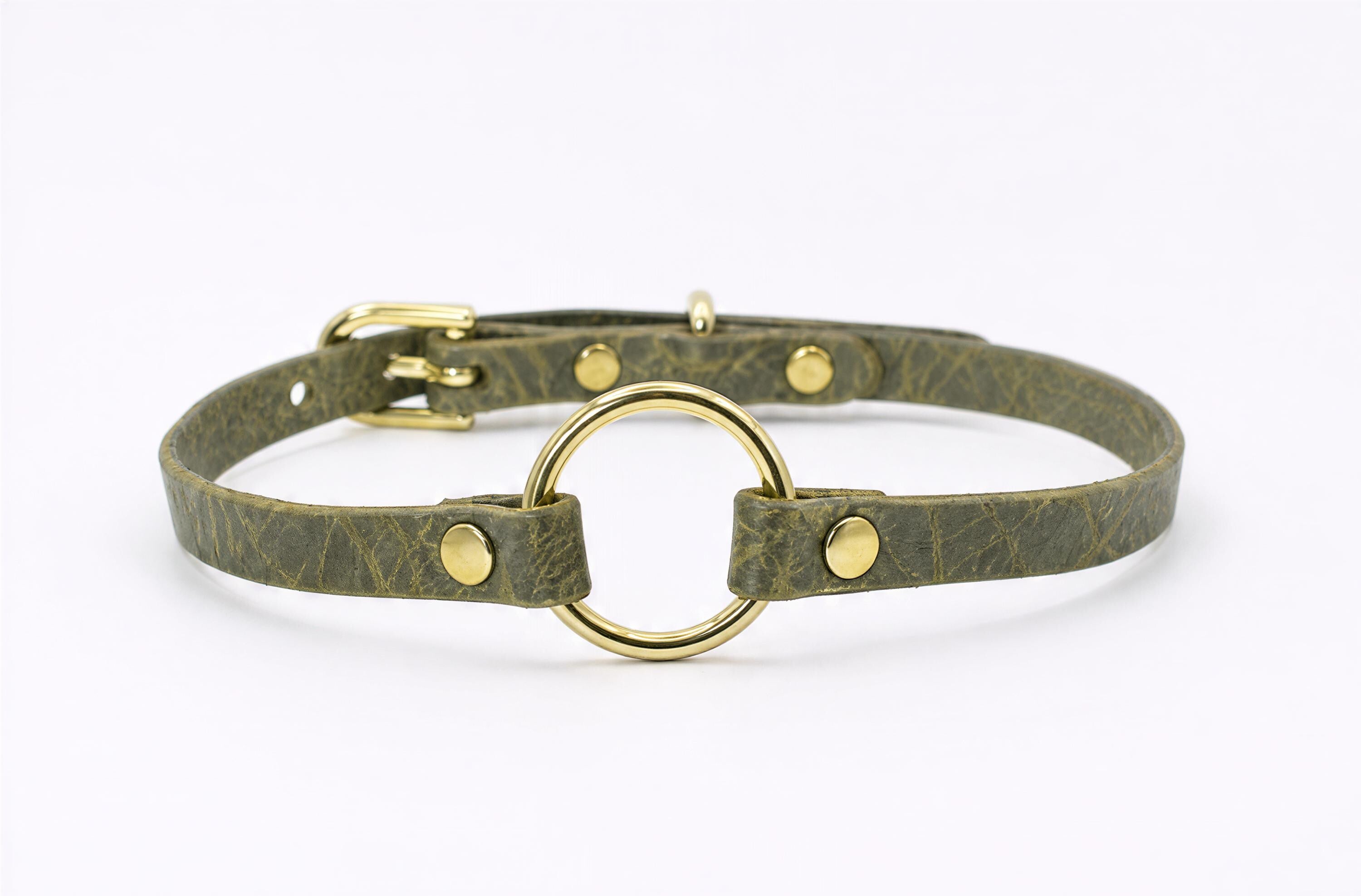 A green leather choker collar with a gold-colored metal ring and two gold-colored metal fasteners.