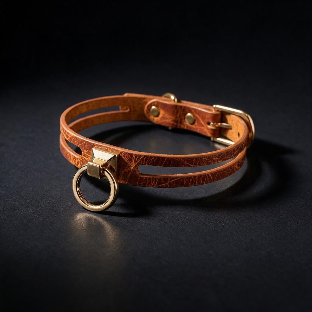 A brown leather choker collar with a gold-colored metal ring and buckle.