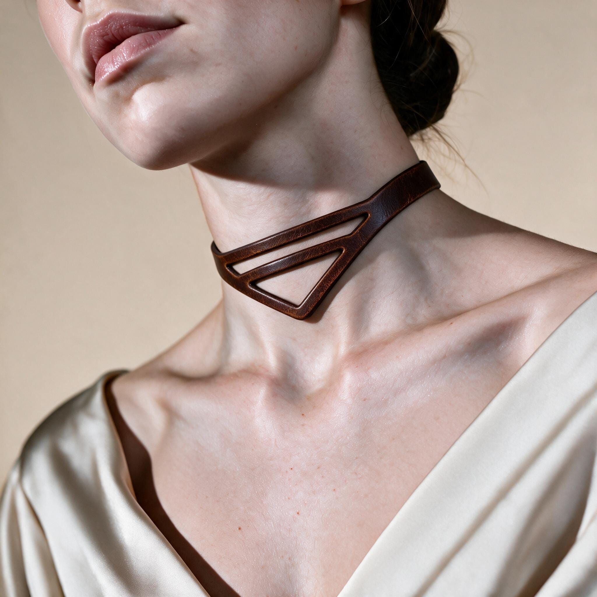 A close-up of a woman's neck and chest area, featuring a brown leather choker necklace with a triangular cut design.