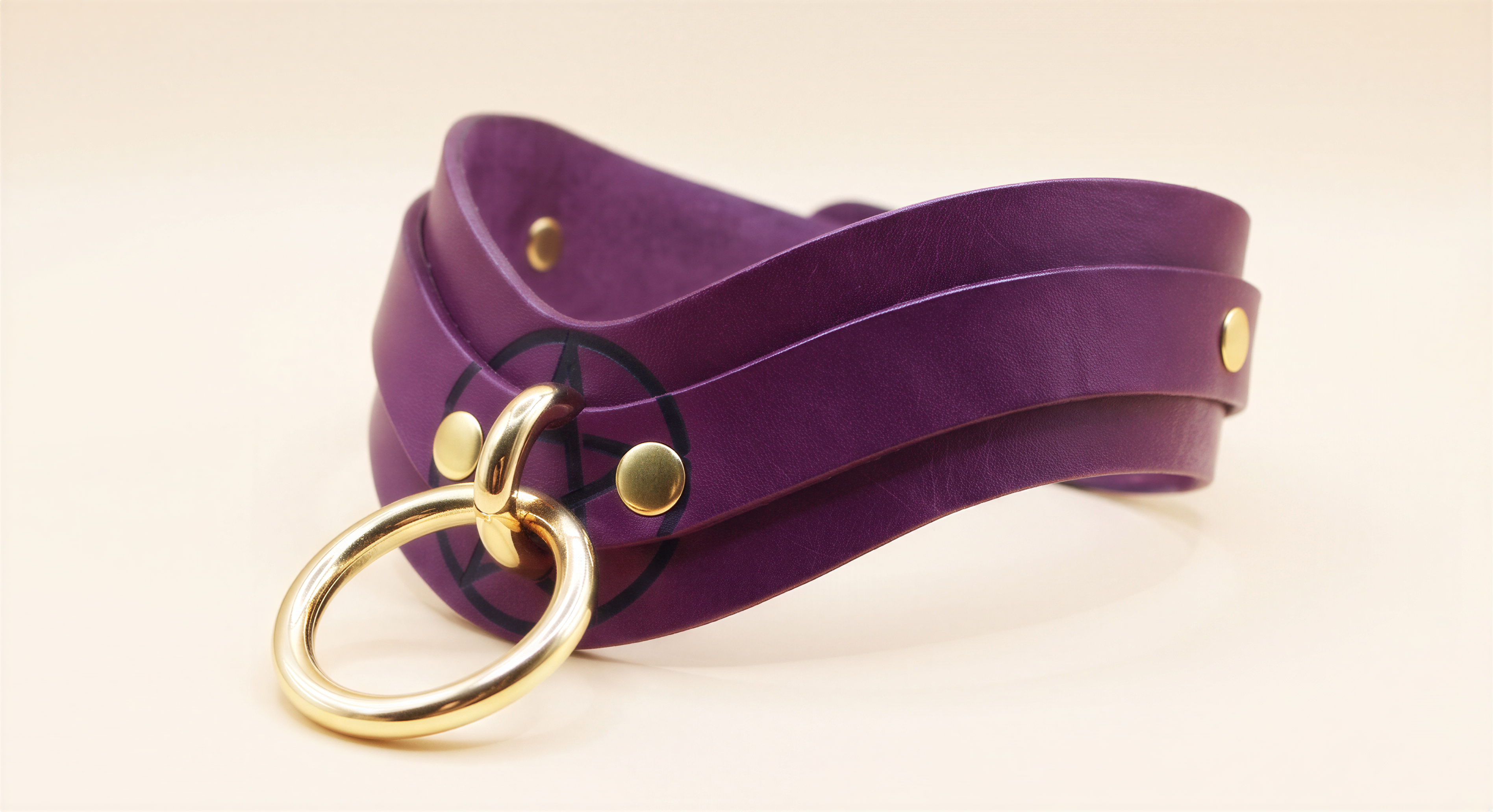 A purple leather choker necklace with a gold ring and buckle.
