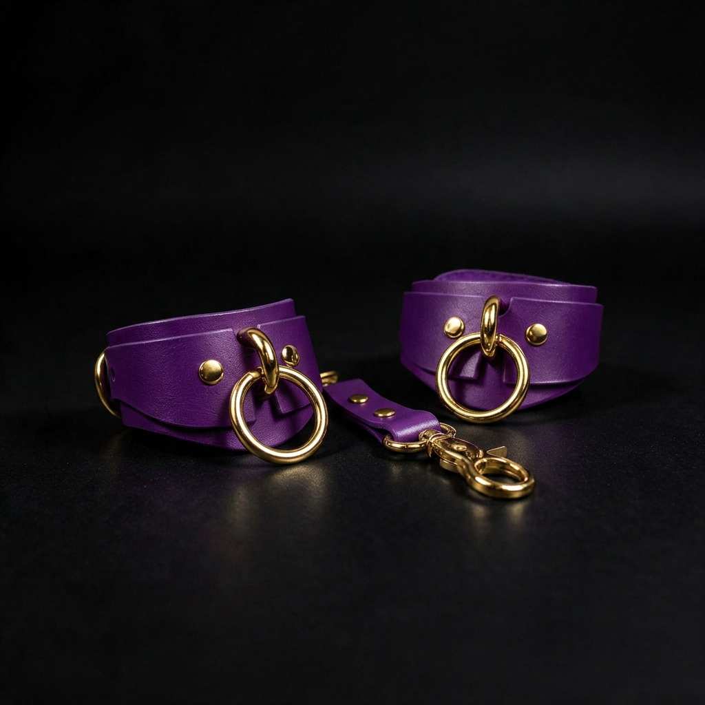 a pair of purple leather straps with gold-colored buckles and rings, arranged on a black background.