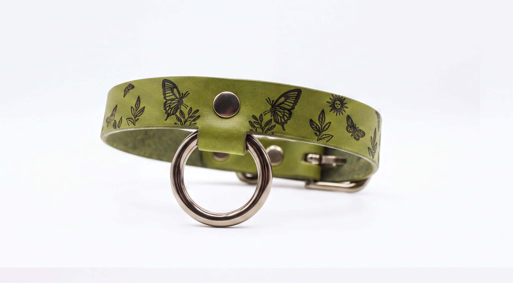 A green leather collar with a metal ring and butterflies printed on it.