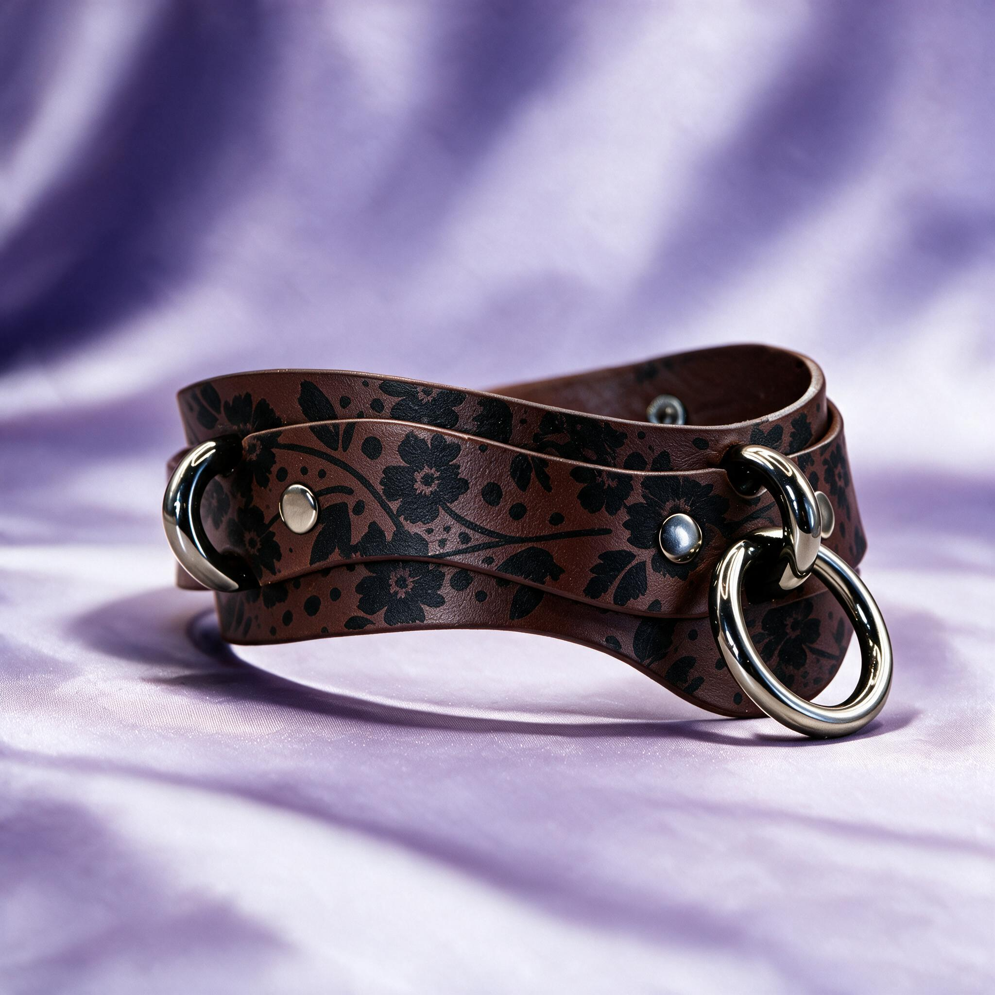 A brown leather choker necklace with a floral pattern and metal rings on the ends, resting on a purple background.