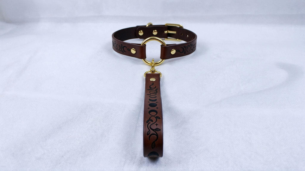 A brown leather collar with a gold-colored buckle and a decorative handle attached to it, placed on a white surface.