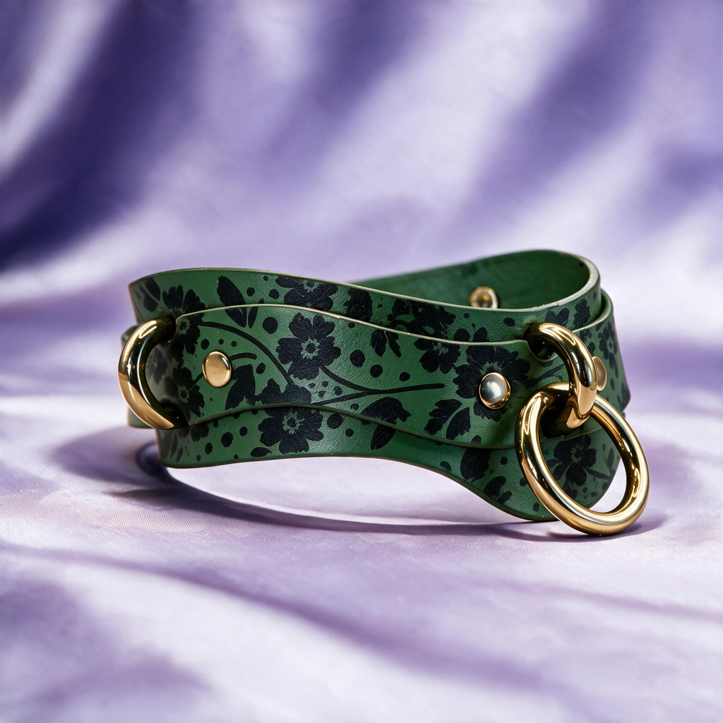 A green leather choker necklace with a floral pattern and gold-colored metal rings.