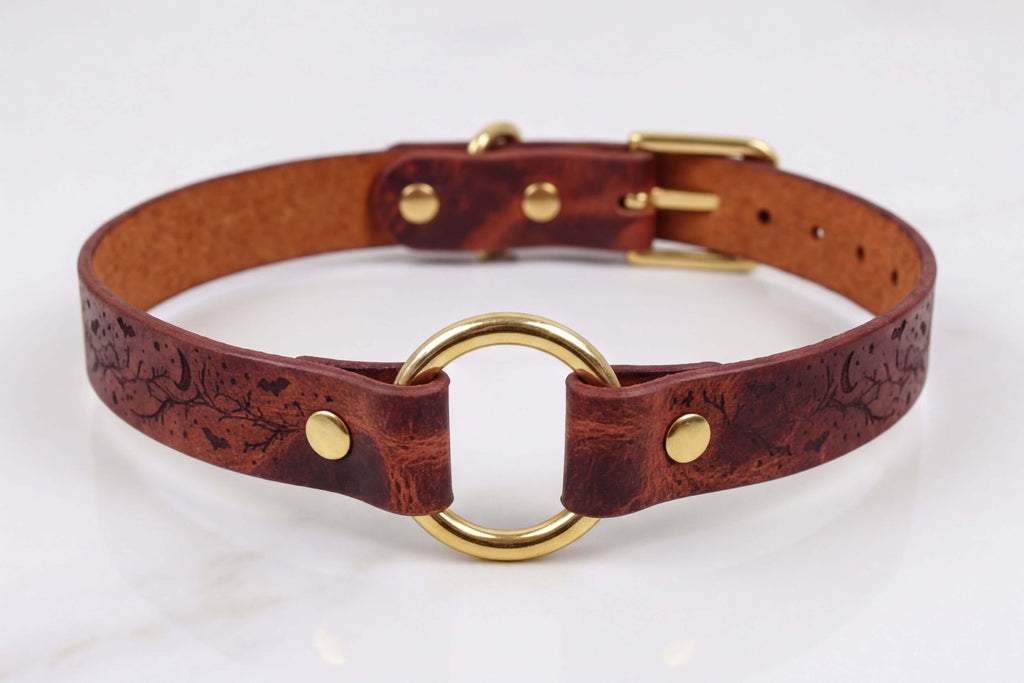 A brown leather choker collar with a gold-colored metal ring and buckle.