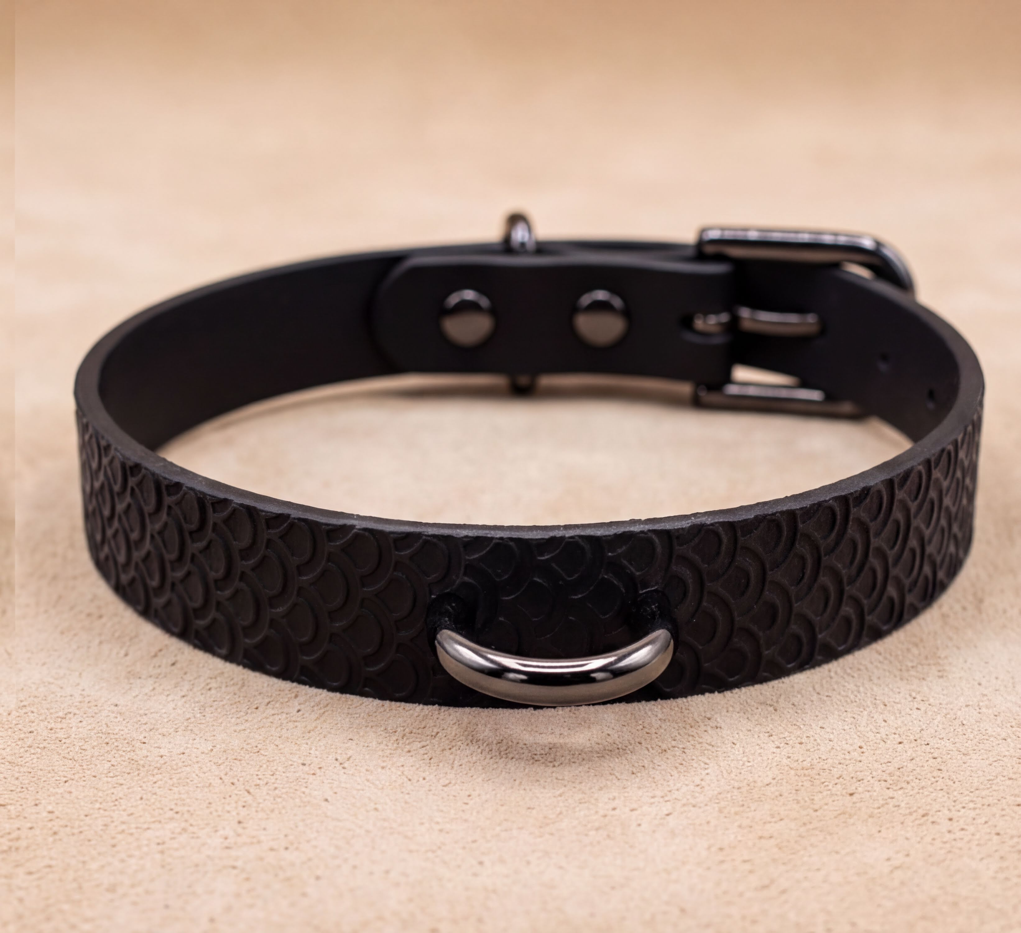 A black leather collar with a metal buckle and a black leather strap.