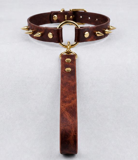 A brown leather choker collar with gold studs and a gold-colored loop, hanging from a gold-colored loop.