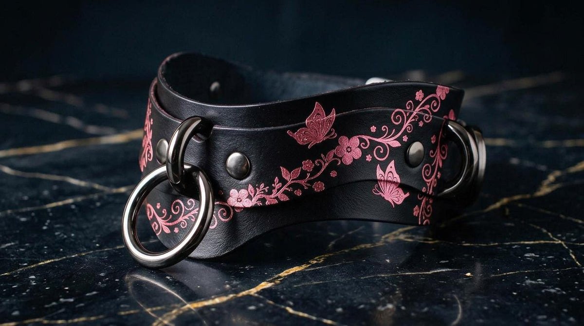 A black leather choker necklace with a floral design and metal rings on the front.