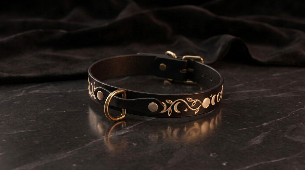 A black leather collar with a gold-colored metal buckle and decorative floral patterns on the strap is displayed on a dark surface.