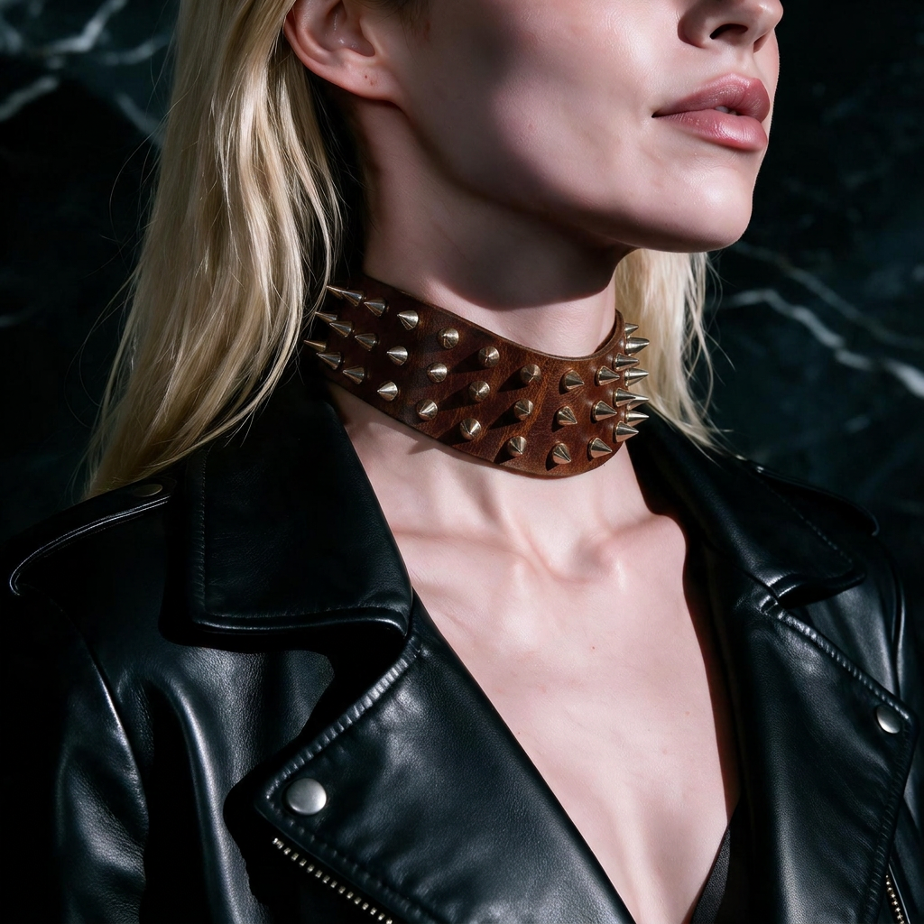 A close-up of a woman wearing a black leather jacket with a large, spiked choker necklace.