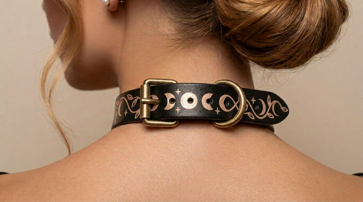 A close-up view of a woman's neck and shoulders, showing a black leather choker necklace with a decorative metal buckle and moon-like designs.