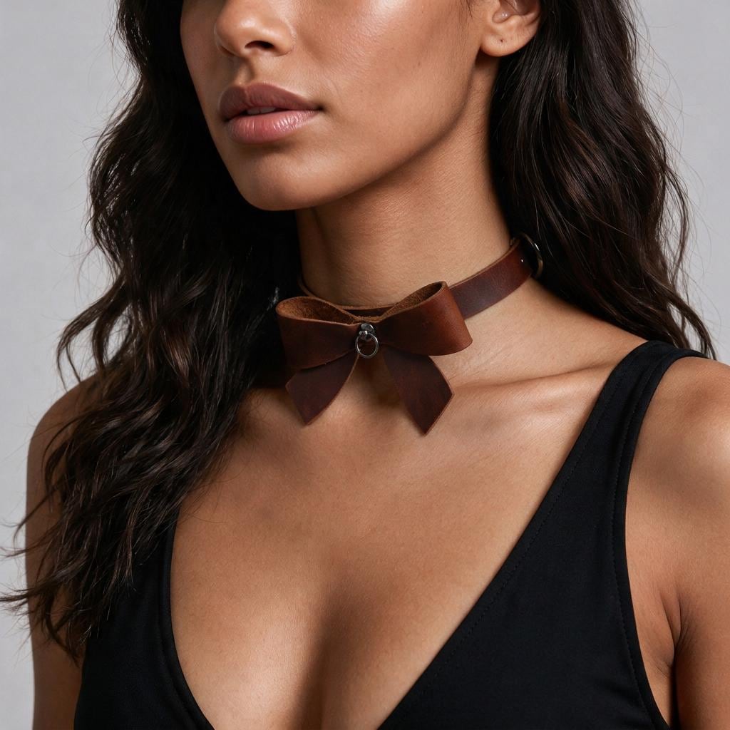 A woman with long dark hair wearing a black top and a brown leather choker necklace with a bow detail.