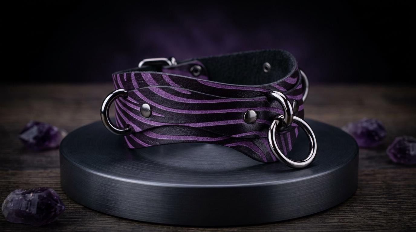 A purple zebra-striped leather bracelet with metal rings and buckles is displayed on a black circular base, surrounded by purple gemstones.