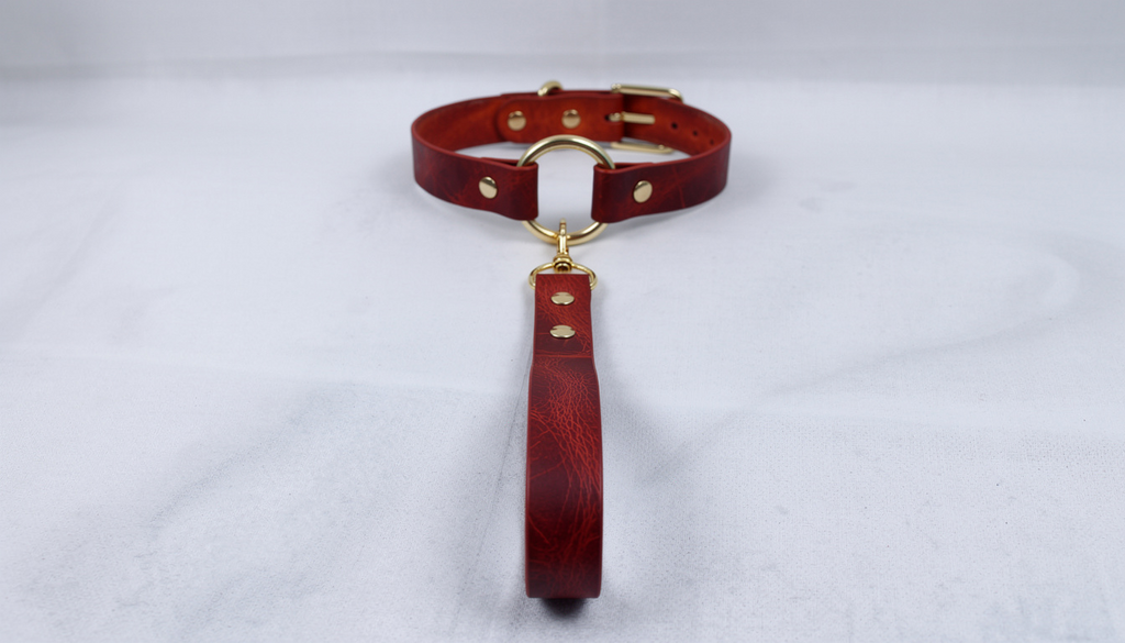 A red leather collar with a gold-colored buckle and a matching red leather leash attached to it.