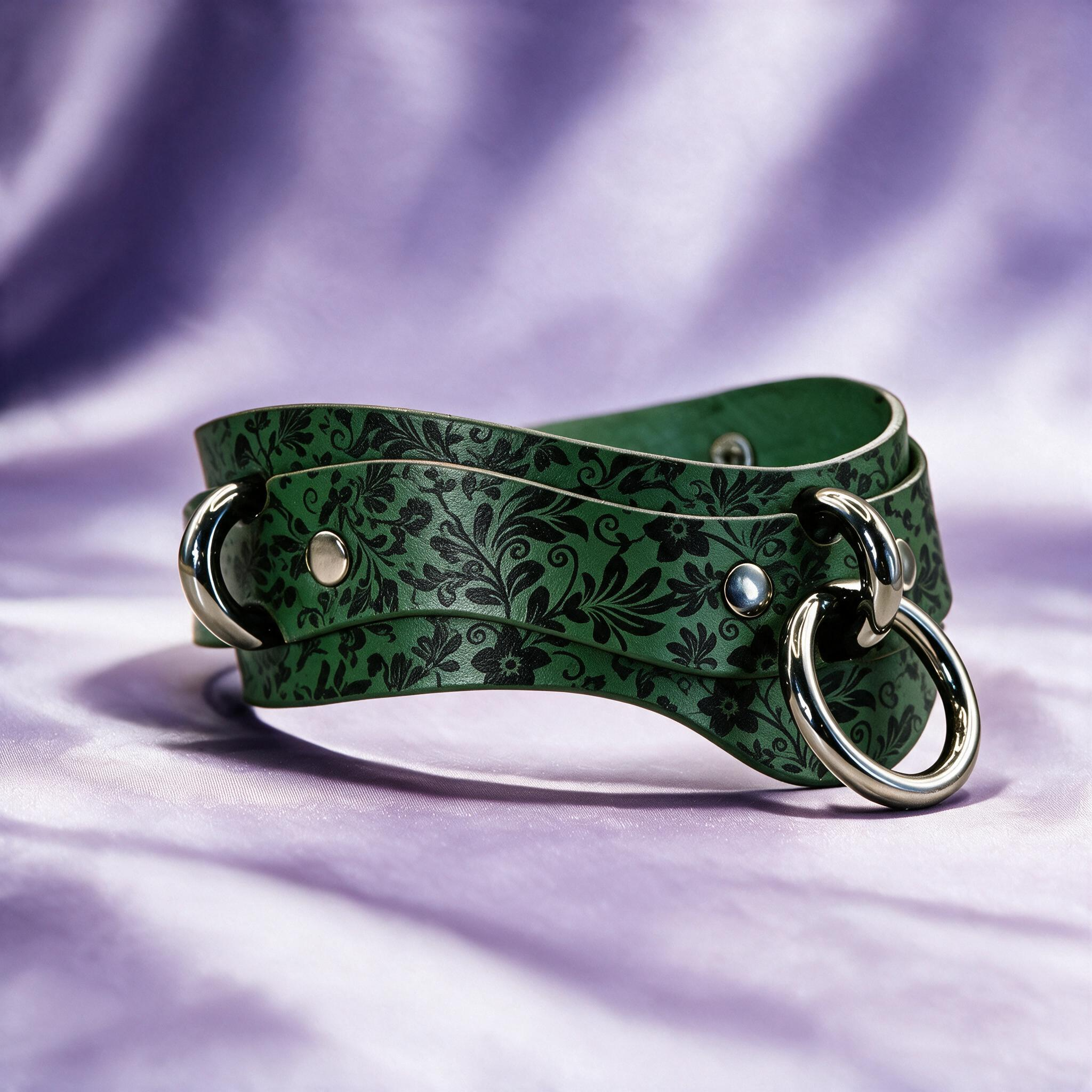 A green leather choker necklace with a floral pattern and metal rings on the ends, resting on a purple background.