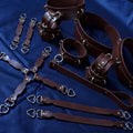 a collection of leather straps and buckles arranged on a blue background.