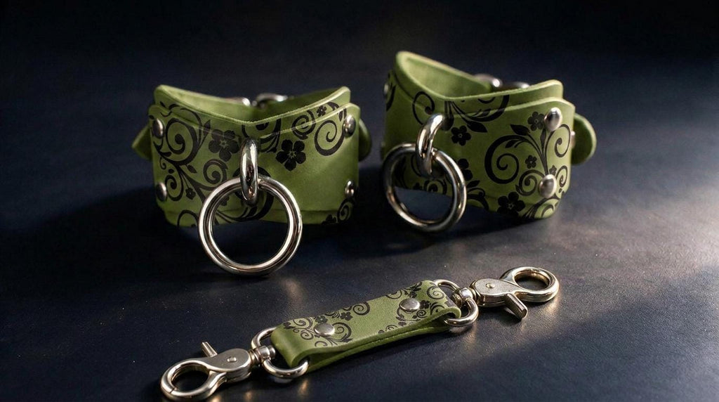 a pair of green leather straps with metal rings and a matching clasp, arranged on a dark surface.