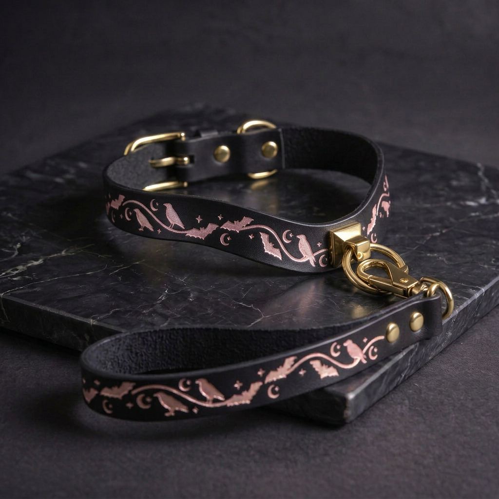 A black leather dog collar with a pink bat and star design, and a matching black leash with a pink bat and star design, both resting on a dark surface.