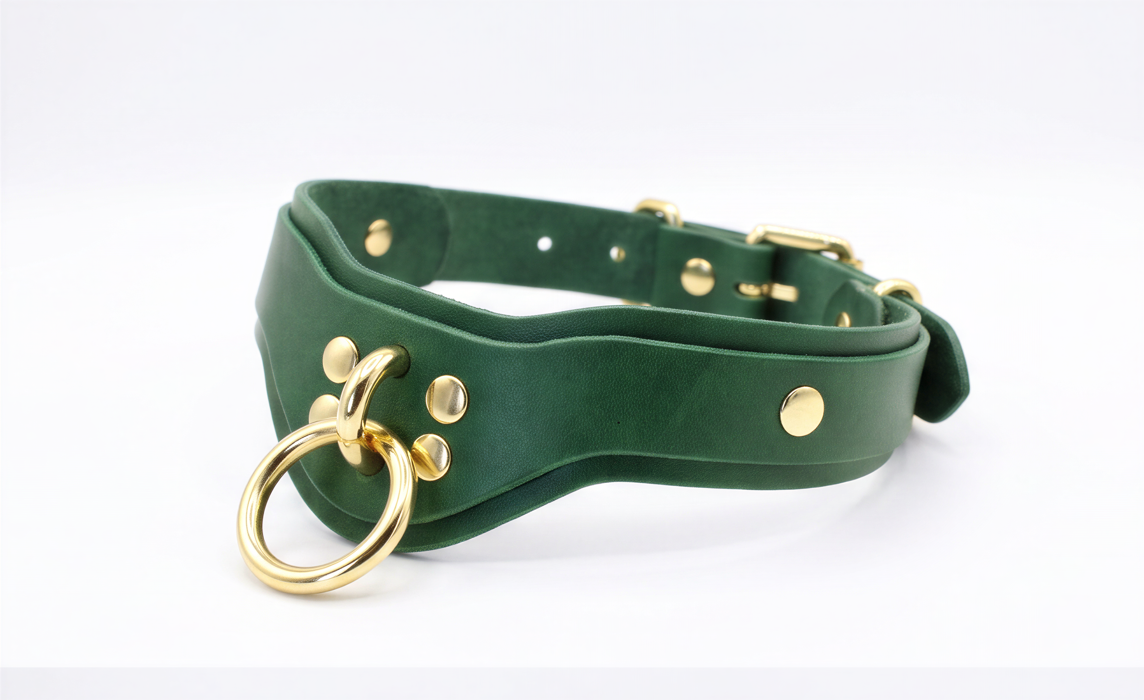 A green leather choker collar with gold hardware, including a ring and several small holes, is shown in the image.