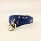A blue leather choker necklace with a gold-colored metal ring and buckle.