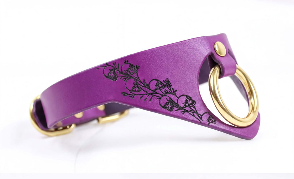A purple leather collar with a gold ring and floral design on it.