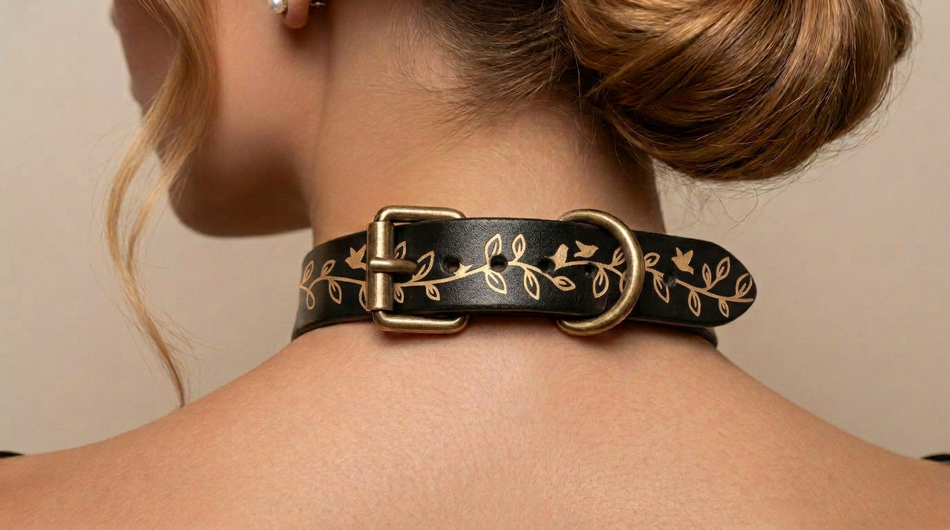 A close-up view of a woman's neck and shoulders, focusing on a decorative black leather choker necklace with a gold leaf pattern.