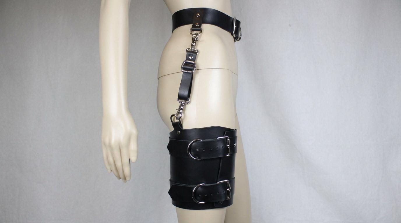 A mannequin wearing a black leather thigh-high garter belt with a leather strap and buckles.