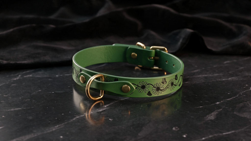 A green leather collar with a floral design and a gold buckle is displayed on a black marble surface.