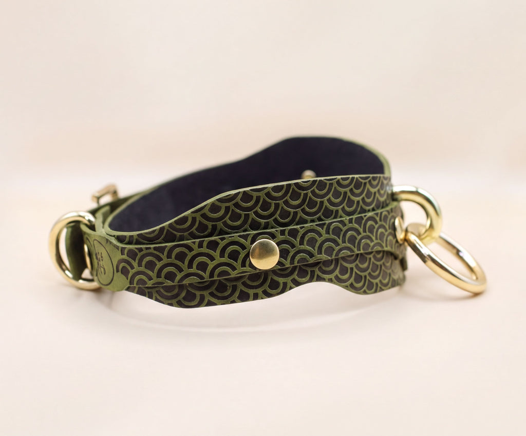 A green and black patterned leather collar with gold-colored metal rings and a buckle.
