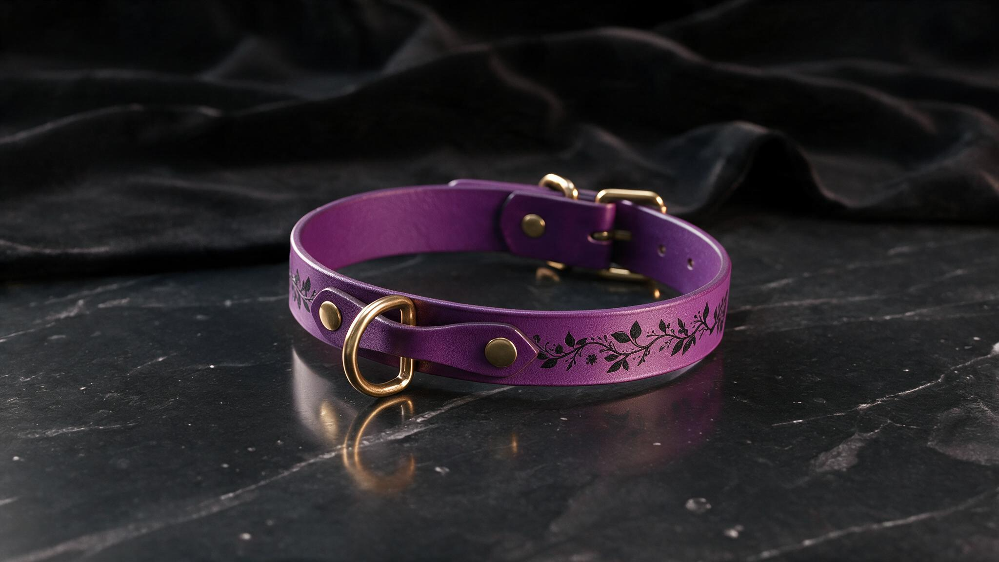 A purple leather collar with a gold-colored buckle and leaf design is displayed on a black marble surface.