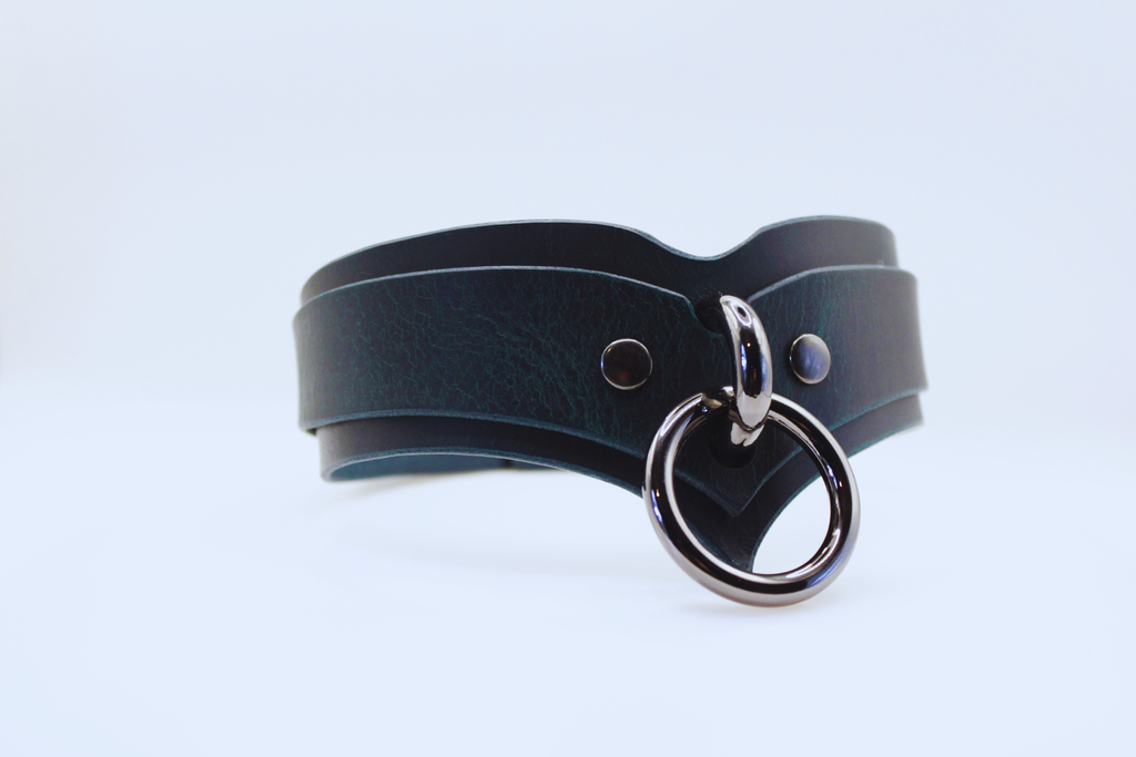 A black leather choker necklace with a silver ring and buckle.