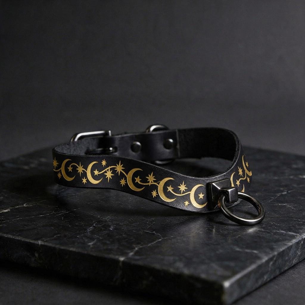 A black leather collar with a gold star and crescent design, featuring a metal ring and buckle.