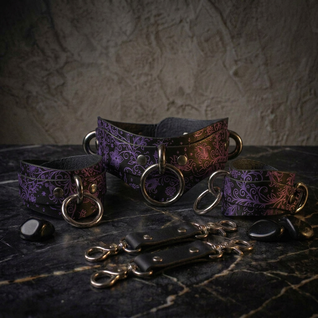 A set of purple leather choker necklaces and straps with metal rings and buckles, arranged on a dark surface.