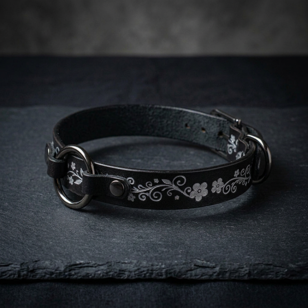 A black leather collar with a floral design on it, resting on a dark surface.