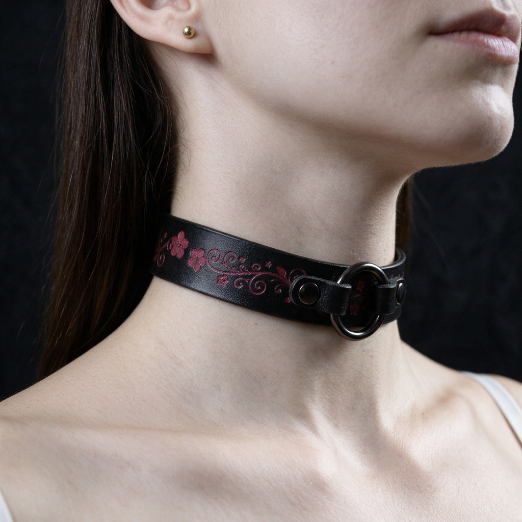 A close-up of a woman's neck and chin wearing a black choker necklace with a floral design.