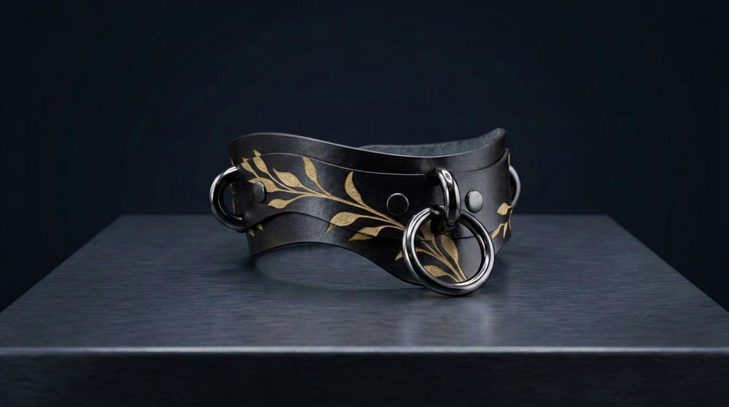 A black leather choker necklace with gold leaf designs and metal rings is displayed on a dark surface.
