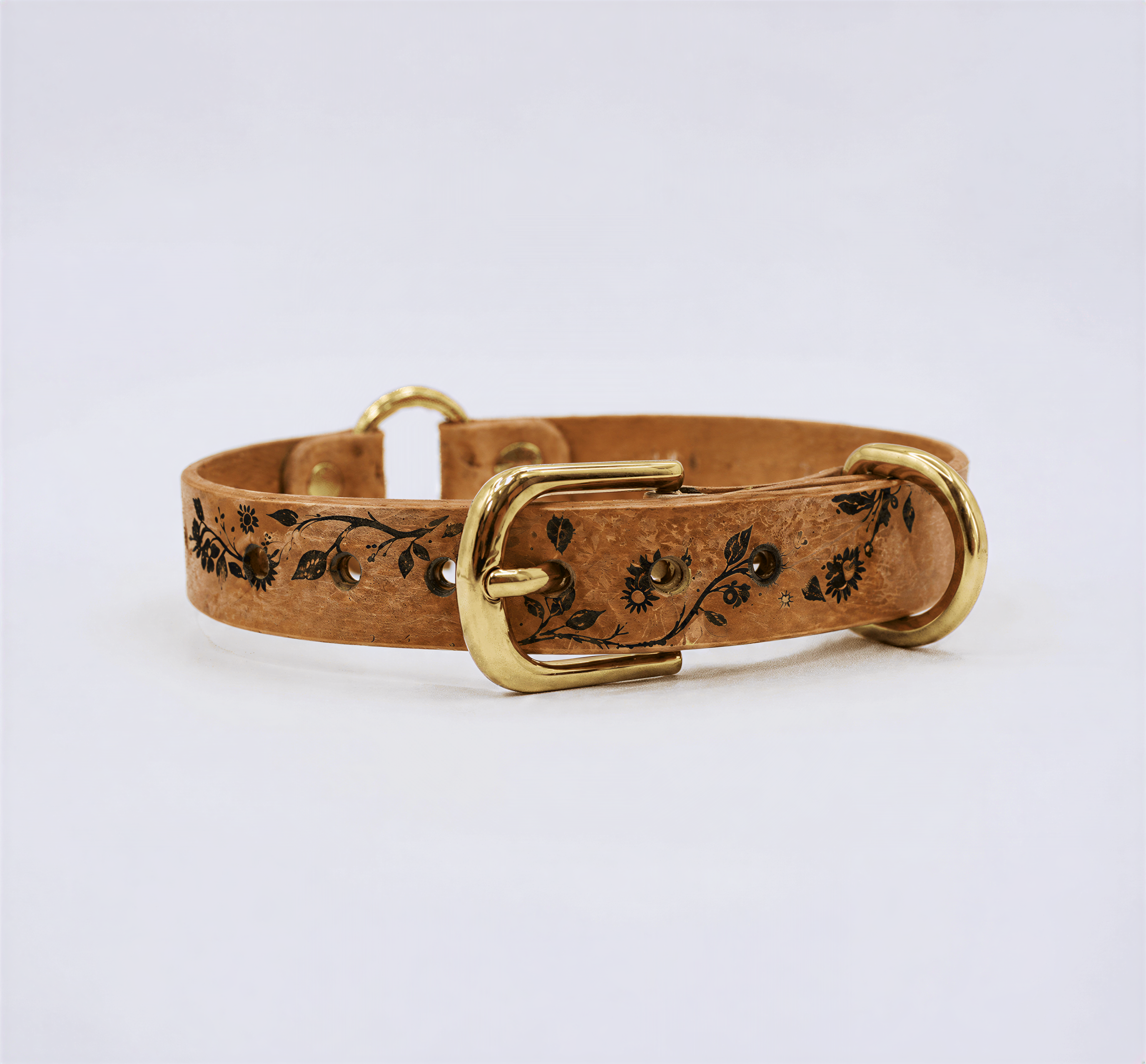 A tan leather dog collar with a floral pattern and two brass buckles.