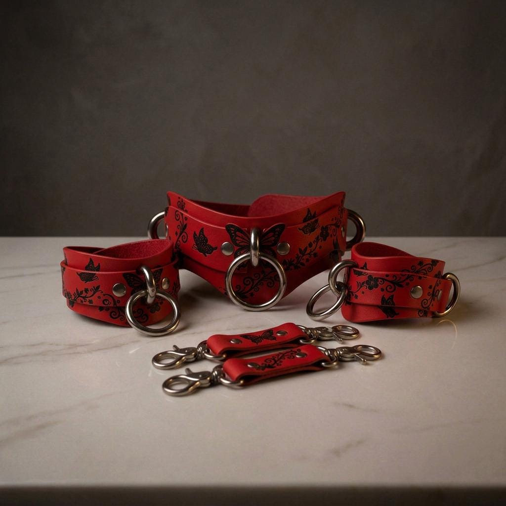 a set of red leather straps with black floral designs, arranged on a white marble surface.