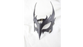 A black mask with sharp, pointed features is displayed against a white background.