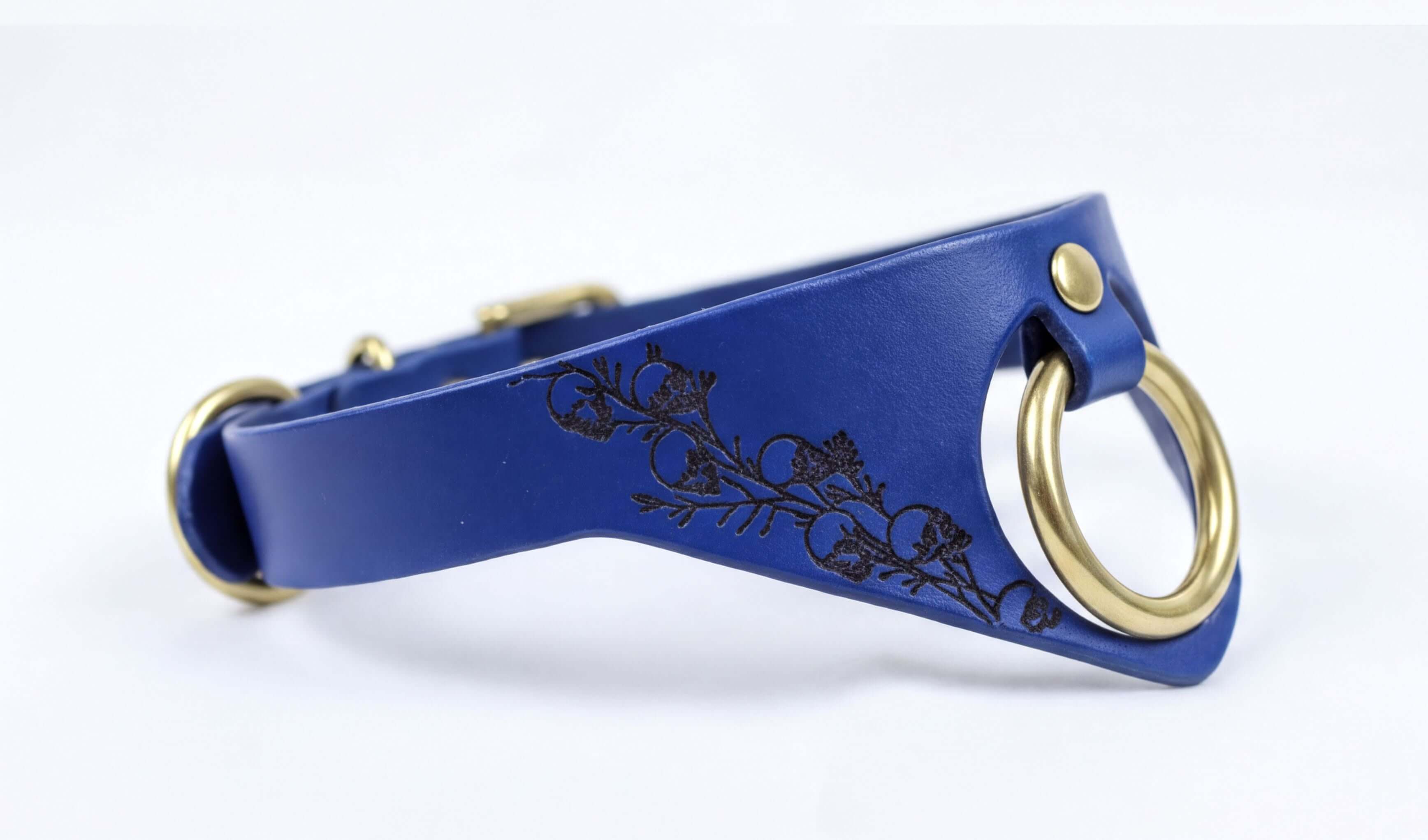 A blue leather collar with a gold-colored metal ring and a floral design on the side.