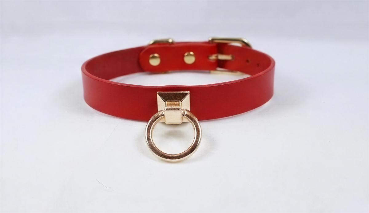 A red leather choker collar with a gold-colored metal ring and buckle.