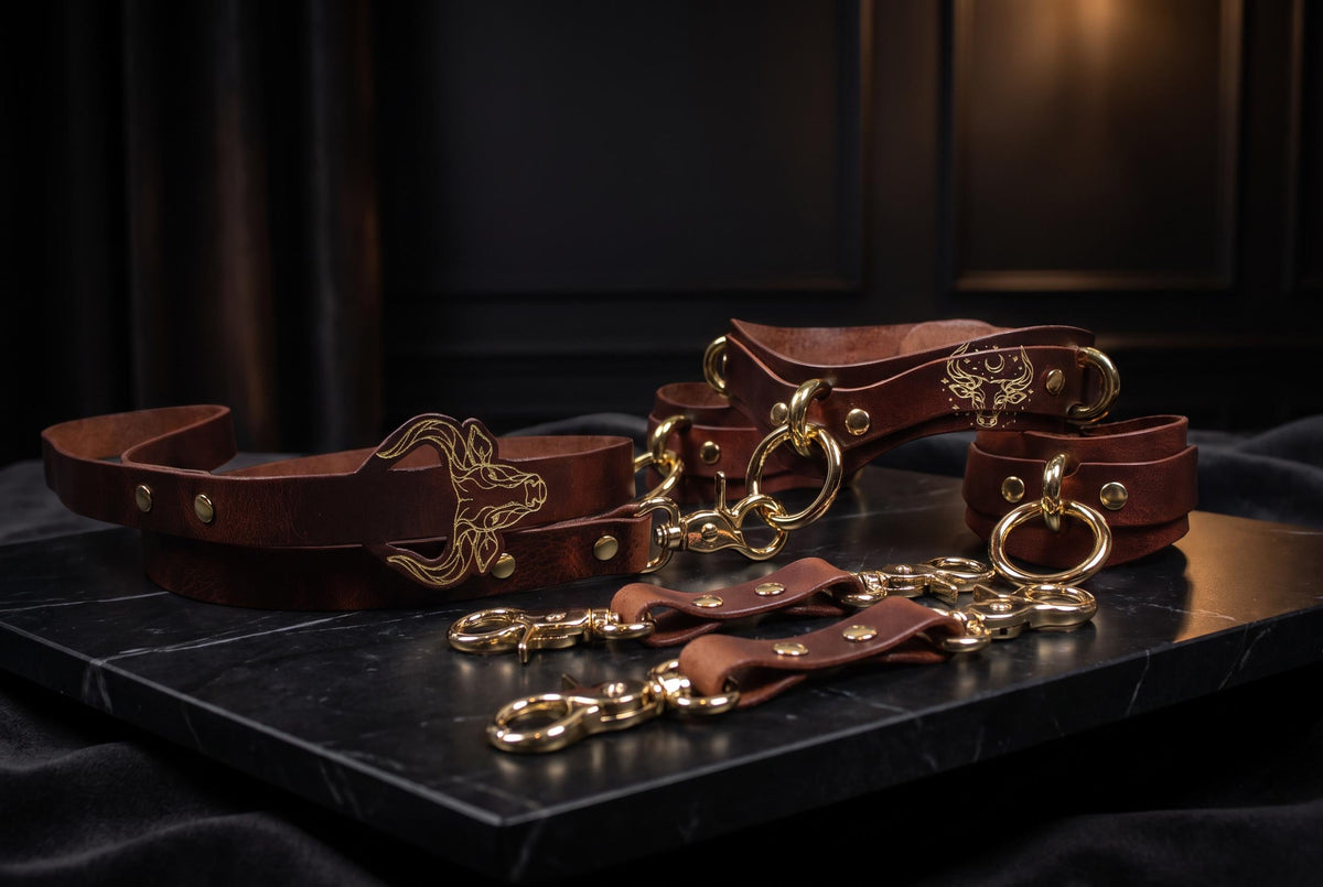 A collection of brown leather straps and buckles with gold hardware, including buckles and straps, arranged on a black surface.