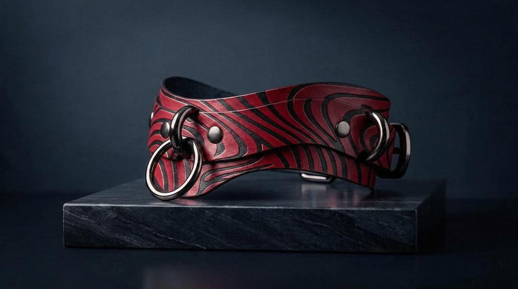 A striking red and black zebra-patterned leather collar with metal rings and buckles is displayed on a black marble pedestal against a dark background.